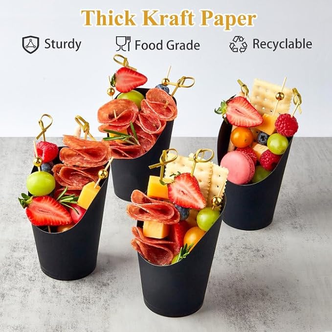 50 Sets 14 oz Charcuterie Cups with Sticks and Bags, Individual Black Paper Charcuterie Boxes Disposable Individual Appetizer Serving Cups (50 Cups + 200 Cocktail Picks + 50 Bags + 50 Ties)