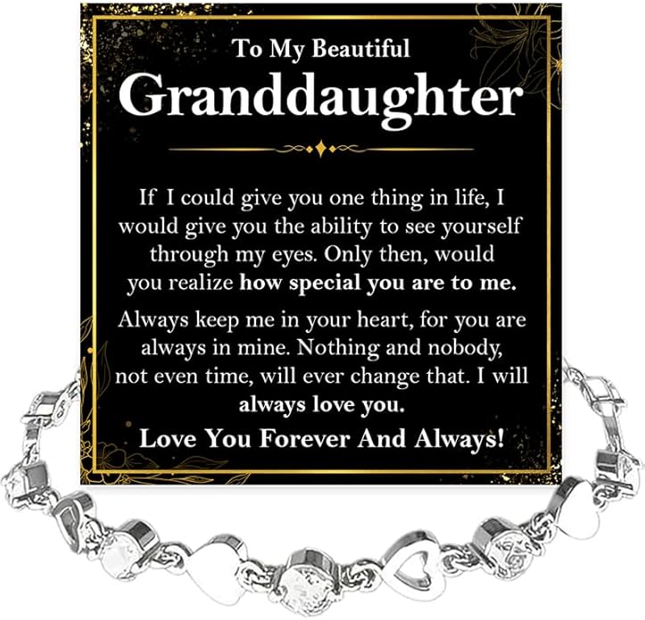 To My Granddaughter Bracelet from Grandma and Grandpa, Heart Chain Bracelet with Shiny Stones, Perfect Birthday or Graduation Christmas Gift for Granddaughter with Message Card and Gift Box