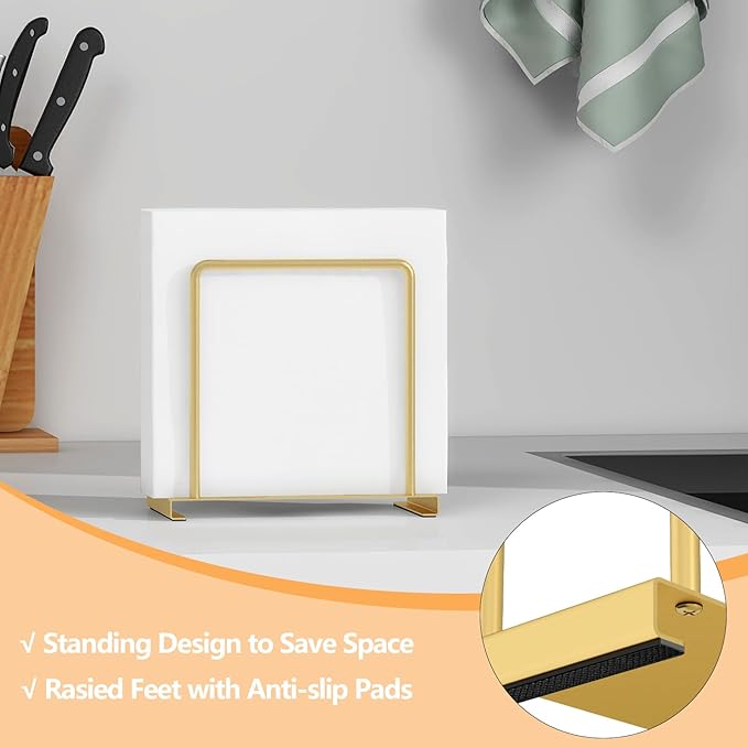 Napkin Holder for Table, Metal Napkin Holder for Kitchen Dining, Standing Paper Napkin Storage for Table Countertop, Gold