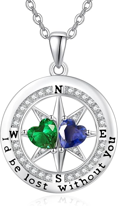 Compass Necklace for Women, Exquisite S925 Valentines Day Anniversary Birthday Gifts for Wife Her Double Birthstone Pendant Jewelry ‘I'd be Lost Without You’