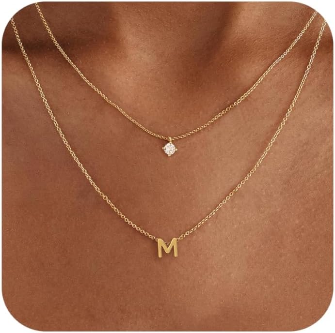 Layered Initial Necklaces for Women, 14k Gold Plated Letter Necklace Set Dainty Gold Initial Necklace Stack Cute Layering Choker Necklaces for Women Trendy Fashion Jewelry