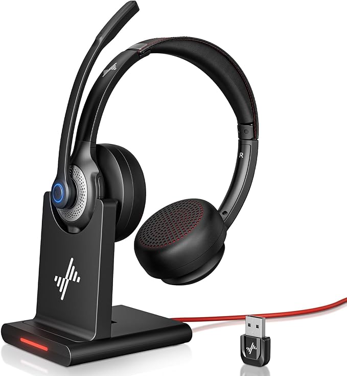 Wireless Headset with AI Noise Cancelling Microphone Bluetooth Headset - Bluetooth V5.2 Headphones with USB Dongle, Charging Base & Mic Mute for Computer/Laptop/PC/iPhone/Android/Cell Phones