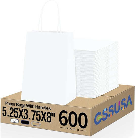GSSUSA White Gift Bags 5.25x3.75x8 600Pcs, Paper Bags with Handles Bulk for Small Business
