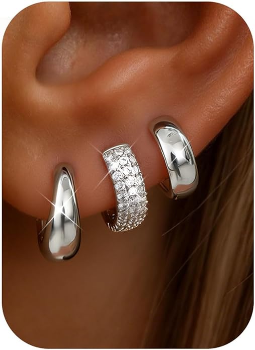 MILACOLATO 3 Pairs Small 14K Gold Plated Hoop Earrings for Women Trendy Hypoallergenic Silver Earring Stacks Huggie Hoops Earring Sets for Multiple Piercing Chunky Double Hoop Jewelry Lightweight