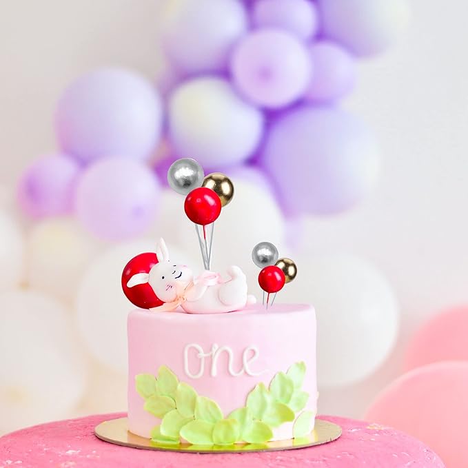 Gyufise 30Pcs Christmas Mini Balloon Cake Topper Foam Ball Cake Picks Cupcake Faux Pearl Balls DIY Cake Insert Topper Decoration for Anniversary Graduation Birthday Party Baby Shower Red Gold Silver