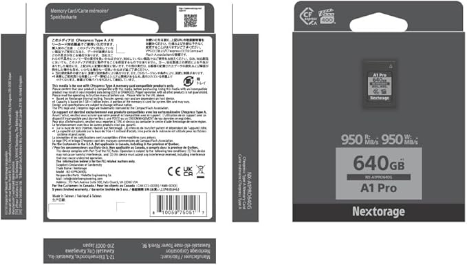 Nextorage Japan CFexpress Type A Card NX-A1PRO 640GB VPG 400 Urtla Fast Read 950MB/s Write 950MB/s