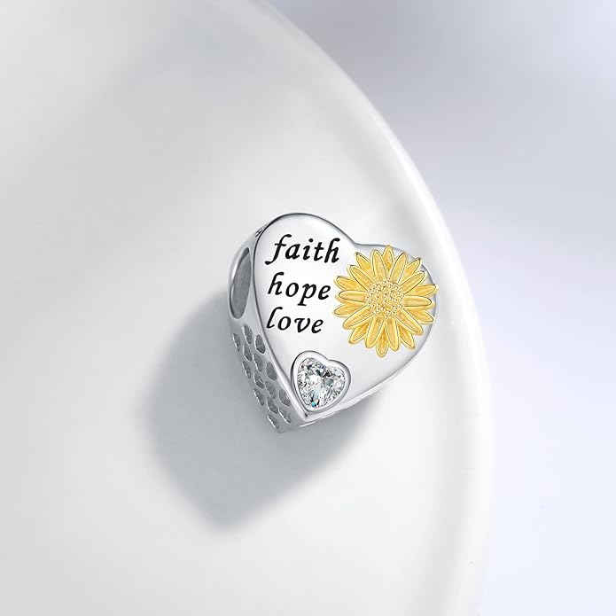 925 Sterling Silver Sunflower Charms Fit Pandora Charms Bracelet Forever In My Heart Fit Wife Mother's Day Christmas Birthday Gift
