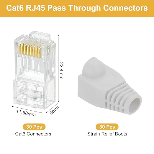 MECCANIXITY 30pcs Cat6 RJ45 Pass Through Connectors, RJ45 Connector 8P8C Gold Plated Plugs with 30pcs Light Grey Strain Relief Boots for Solid or Stranded UTP Ethernet Cable, 1.1mm