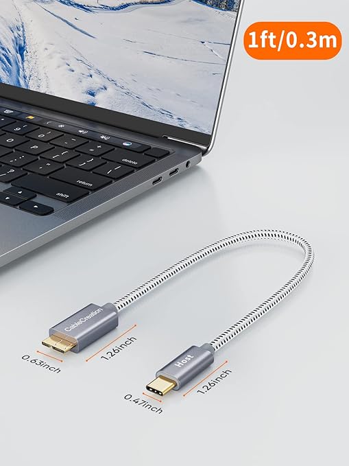 CableCreation 1FT USB C to Micro B Cable,10Gbps Speed External Hard Drive Braided,USB 3.1 Type C to Micro B Work for iPhone 15 Series,Seagate WD Westgate My Passport,MacBook Pro/Air, iPad/Tablet,Grey