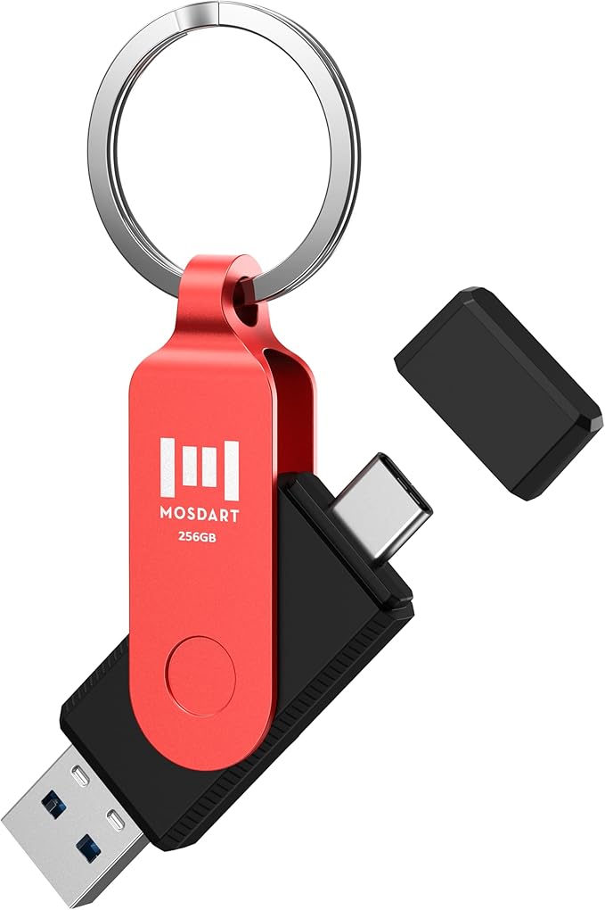MOSDART 256GB USB3.1 Fast Speed C and A Dual Flash Drive, exFAT Memory Stick with Keychain and LED Indicator, for iPhone 15 and 16, Android Phone, iPad, MacBook, and Other Laptops, Red