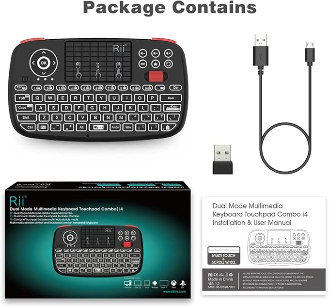 Rii (Upgrade) i4 Mini Bluetooth Keyboard with Touchpad, Blacklit Portable Wireless Keyboard with 2.4G USB Dongle for Smartphones, PC, Tablet, Laptop TV Box iOS Android Windows Mac.Black