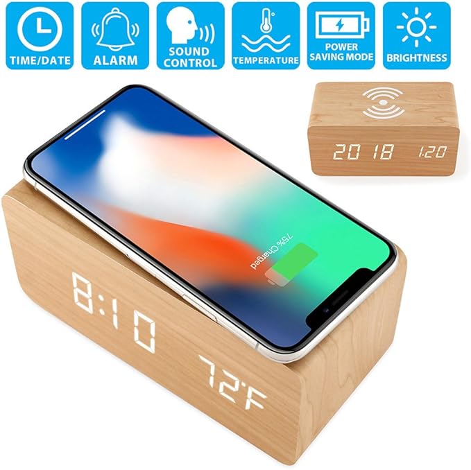 OCT17 Alarm Clock with Qi Wireless Charging Pad Compatible with iPhone Samsung Wood LED Digital Clock Sound Control Function, Time Date, Temperature Display for Bedroom Office Home - Wood