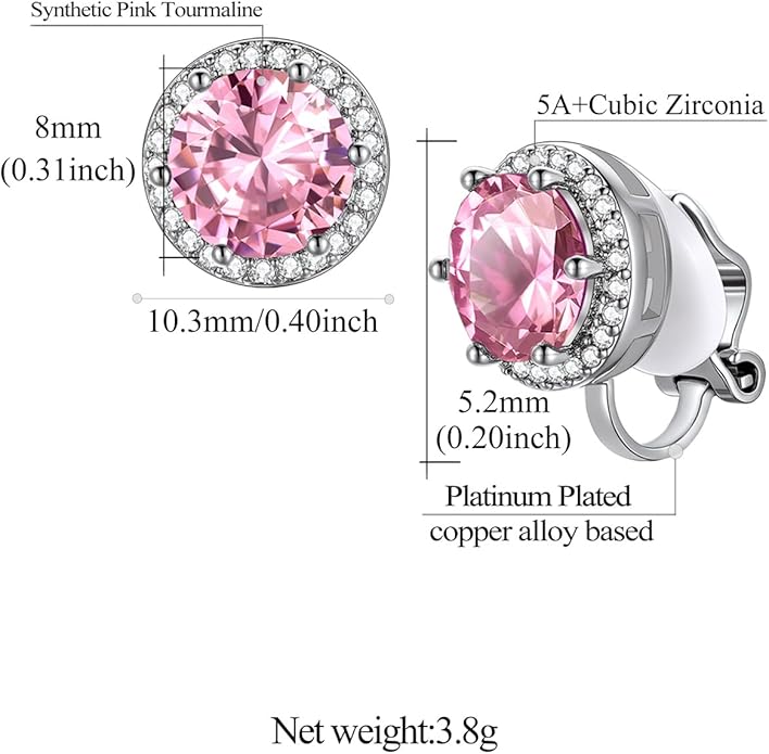 FindChic Sparkling Birthstone Clip On Earrings for Women, Silver Plated Stud Earrings 8MM Cubic Zirconia Non Pierced Studs, 12 Months Birthday Jewelry Gift