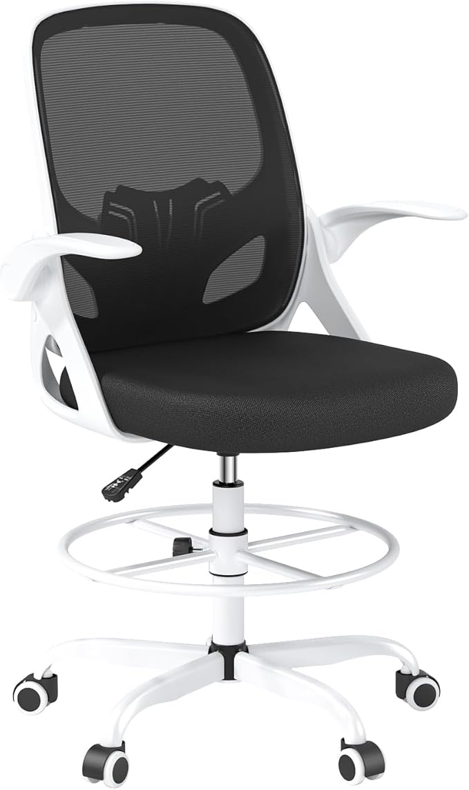 Tall Drafting Chair with Footrest Ring for Home and Work, Ergonomic Home Desk Office Chair with Flip up Arms and Lumbar Support, Extended Height Executive Desk Office Chair(White)