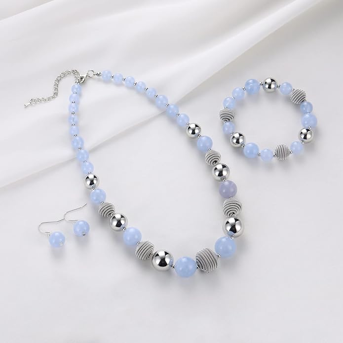 PEARL&CLUB Beaded Chunky Statement Necklace Earring and Bracelet Set Silver Metal Bead Fashion Jewelry Set Mothers’ Day Gifts for Women