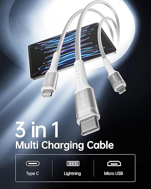 Multi Charging Cable 2Pack 6FT, 3 in 1 Charger Cable Braided Universal Phone Charging Cord with Lightning/Type C/Micro USB Ends, Multiple USB Cable for iPhone/Samsung/Google Cell Phones and More