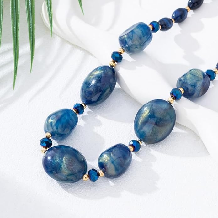 Chunky Beaded Necklace For Women, Multi Color Boho Irregular Oval Bead Long Necklaces Vintage Unique Statement Jewelry Gifts