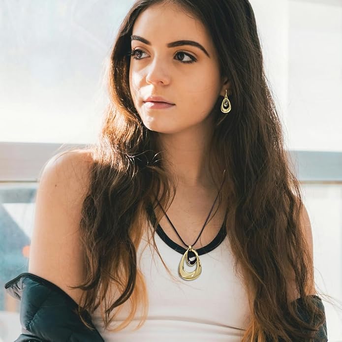 Madison Tyler Gold Plated Jewelry Set for Women | Silver Teardrop Pendant Necklace Trendy | Long Necklace with Snake Chain | Fashion Dangle Earring Set