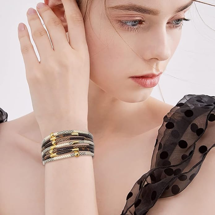 Wowanoo 3Pack Leather Cuff Bracelet Set Multilayer Wrap Bracelet Crystal Feather Tree Bracelet Magnetic Clasp Bracelet for Women
