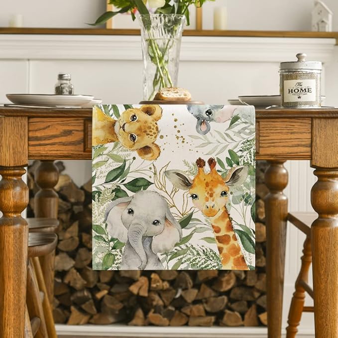 Artoid Mode Animals Elephant Giraffe Baby Shower Table Runner, Seasonal Spring Summer Kitchen Dining Table for Home Party Decor 13x120 Inch