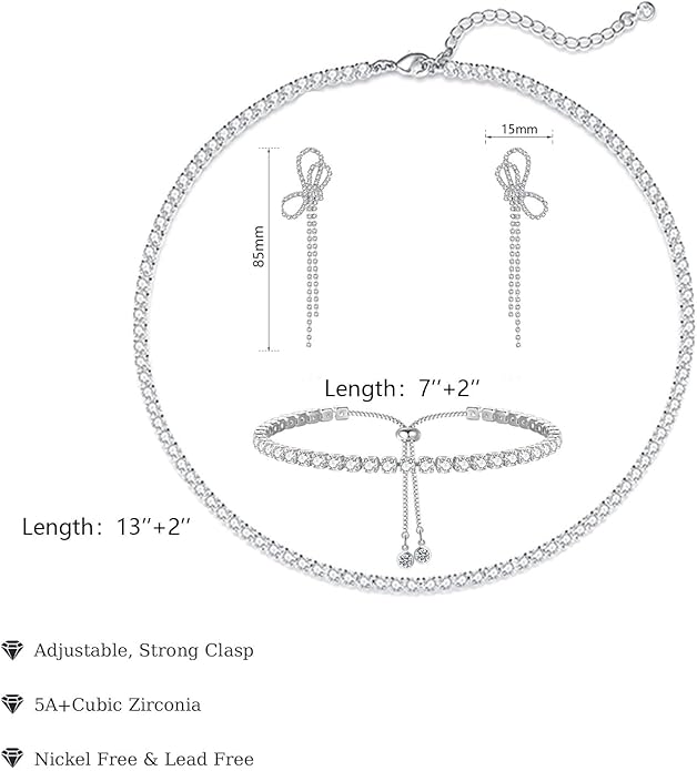 Tennis Necklace Bracelet for Women, Dainty Sterling Sliver Choker Necklace Crystal Link Bracelet Stud Earrings for Women Wedding Jewelry for Bride Jewelry Set Accessories