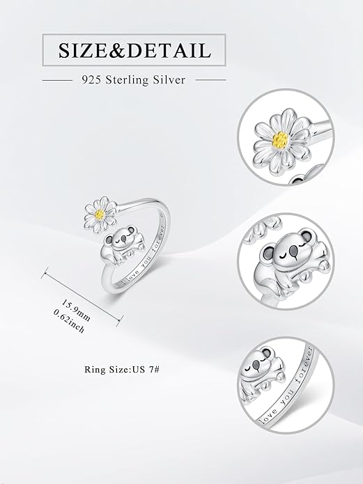 Animal Open Ring 925 Sterling Silver Koala/Panda/Highland Cow/Elephant Adjustable Ring Cute Animal Daisy Jewelry Gifts for Women