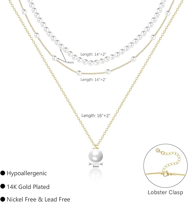 OGD Gold Pearl Necklaces Set for Women 14K Gold Plated Dainty Layered Pearl Cute Daisy Pearl Choker Gold Necklace Gifts for Women Gold Trendy Jewelry Gifts