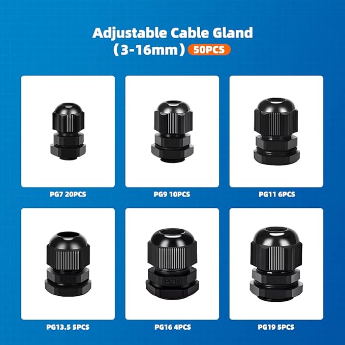 Nylon Cable Gland Kit, CGELE 50 Pack Plastic Waterproof Adjustable Connector 3-16mm Strain Relief Cord Connectors Joints Nylon with Gaskets PG7 PG9 PG11 PG13.5 PG16 PG19