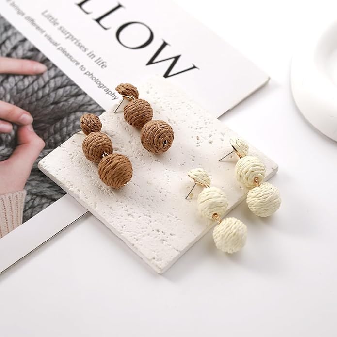 4 Pairs Handmade Raffia Rattan Bohemian Round Drop Dangle Earrings for Women, Boho Statement Cute Fun Hoop Earrings Set