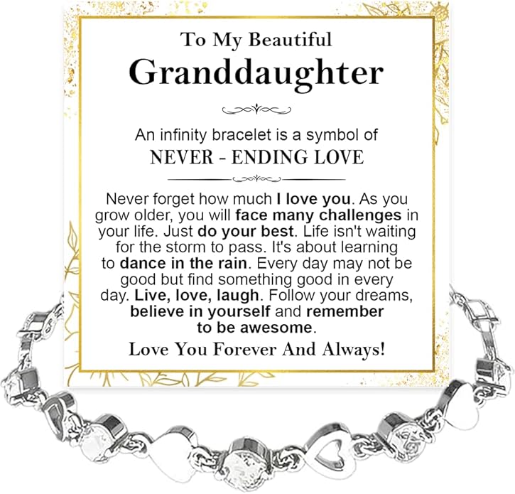 To My Granddaughter Bracelet from Grandma and Grandpa, Heart Chain Bracelet with Shiny Stones, Perfect Birthday or Graduation Christmas Gift for Granddaughter with Message Card and Gift Box