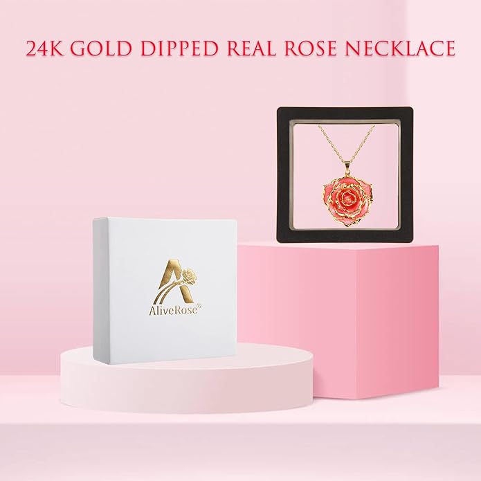 AliveRose Real Rose Gold Dipped Necklace Gifts for Women, 24K Gold Dipped Rose Pendant Necklace Jewelry Mothers Day Anniversaries Birthday Christmas Special Occasions Gifts for Her Mom Wife
