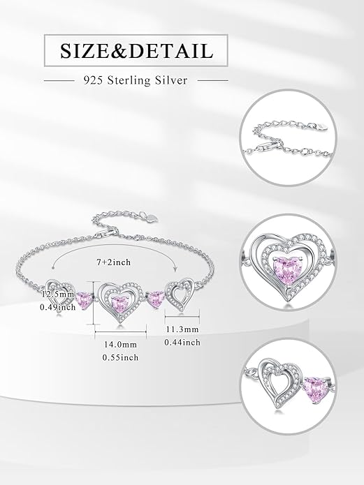 Birthstone Charm Link Bracelet 925 Sterling Silver Rose/Heart/Mom Bracelet with 12 Months Birthstone Mother's Day Gift Jewelry Gifts for Women,Chain Length 7"+2" Extend