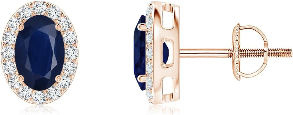 ANGARA Natural Blue Sapphire Earrings for Women | Prong-Set Oval Blue Sapphire Stud Earrings with Diamond Halo in 14K Solid Gold/Platinum | September Birthday, Anniversary, Gemstone Jewellery Gift