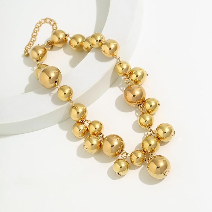 Chunky Pearls Statement Choker Necklace for Women,14K Gold Large Beaded Punk Ball Cluster Collar Necklace Party Dainty Jewelry Gift