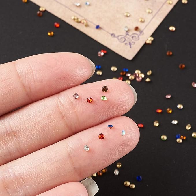 Fashewelry 1440Pcs Pointed Back Clear Glass Rhinestone Cabochons 2mm Mini Faceted Crystal Diamante Gem Cab Covers with Gold Plated No Hole for DIY Jewelry Making, Randomly Mixed Colors