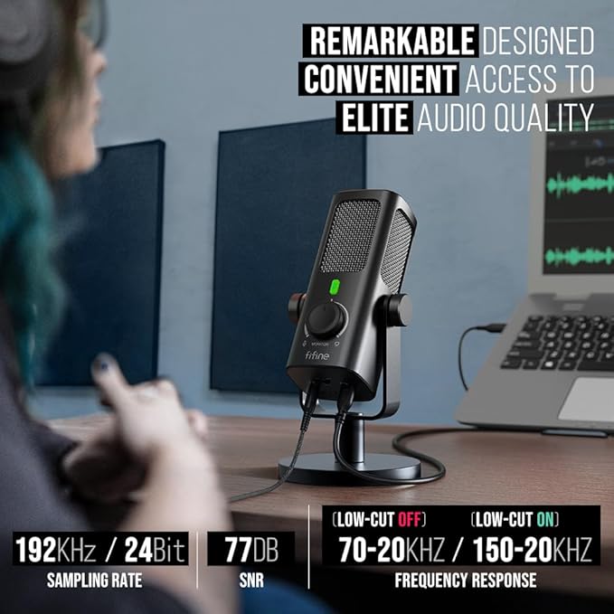 FIFINE USB-Podcast-Condenser-Microphone for Studio-Recording/Computer-Streaming, Desktop-Metal-Mic for YouTube Music Vocal Creation, with Monitor-Mix Volume-Control, Low-Cut Switch (PROFILE3)