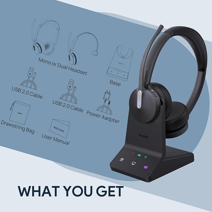 Yealink WH64 Dual UC DECT & Bluetooth Wireless Headset, 606ft Range,Zoom Certified, On Ear Work Headphones with 3X Noise Cancelling Mic, 32 Talk Time, Office Desk IP Phone, PC,Computer