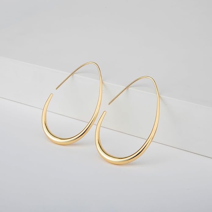 Lightweight Teardrop Hoop Earrings for Women - 14k Gold/White Gold Plated Large Oval Pull Through Hoop Earrings High Polished Statement Jewelry Gift for Women