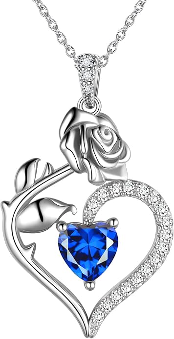Jewmon Valentine Day Gifts for Her Rose Heart Birthstone Necklace for Women 925 Sterling Silver Birth Stone Flower Rose Necklace Anniversary Love GIfts for Girlfriend Wife Mom Birthday Gifts for Her
