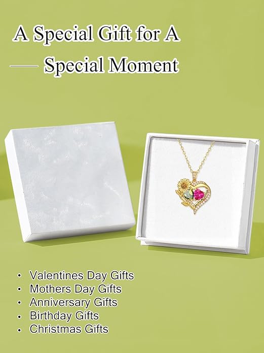 Sunflower Heart Necklace for Women 14K Gold Exquisite Valentines Day Anniversary Birthday Gifts for Wife Mother Her Double Birthstone Pendant Jewelry‘You Are My Sunshine’