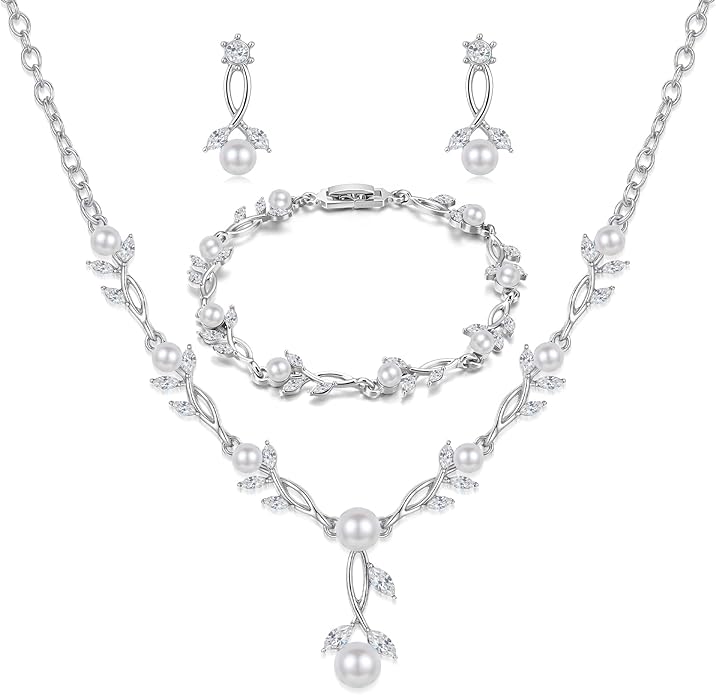 Hadskiss Wedding Jewelry Sets for Women/Brides/Bridesmaids, Cubic Zirconia Pearl Necklace Earrings Bracelet Set 18K Gold Plated Hypoallergenic Jewelry for Wedding Prom Party