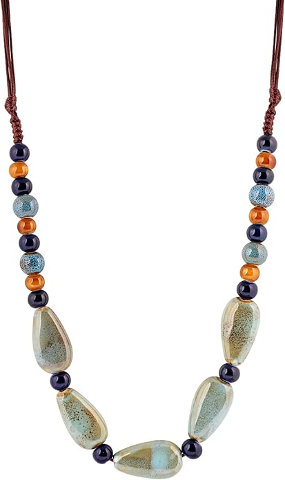 MINACHI Boho Hippie Round Ceramic Beads Strand Necklace, Vintage Bohemian Summer Beach Jewelry Gift for Women