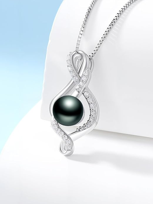 Tahitian Black Pearl 18K White Gold Plated Sterling Silver Heart/Infinity/Four Leaf Clover Pendant Necklace Jewelry Gifts for Women Wife Mom Girlfriend Wedding Birthday Anniversary Christmas