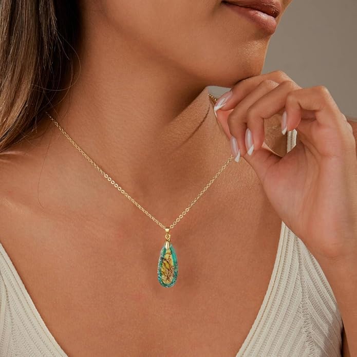Natural Healing Stone Chain Necklaces for Women Teardrop Gemstone Pendant Statement Gold Necklace