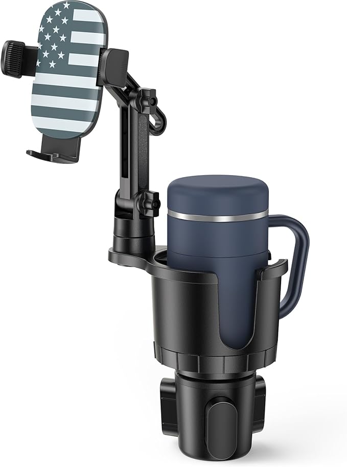 APPS2Car 2-in-1 Cup Phone Holder Mount for Car – Adjustable Arm & Base, 360° Rotatable Cradle – Holds 18–40oz Bottles & Smartphones – for Cars, SUVs, Trucks