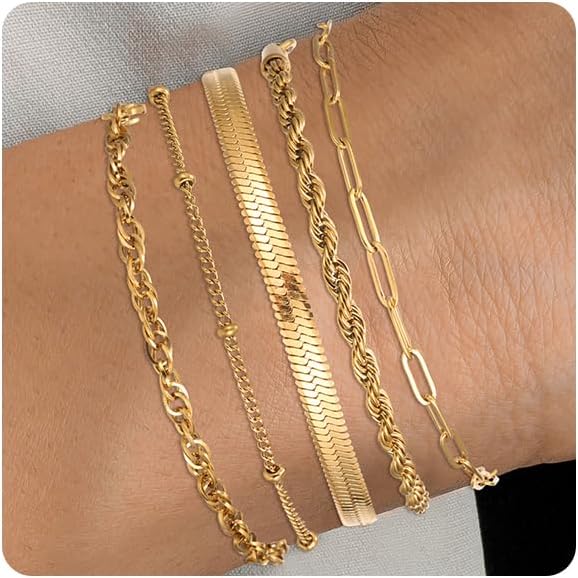 Silver and Gold Bracelets for Women Non Tarnish Waterproof Gold bracelet stack set, Adjustable 6.5"+2" Extender, Layered Bracelets for Women，Exquisite Jewelry Gift