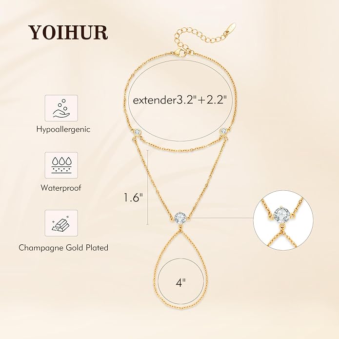 YOIHUR Champagne Gold Plated Hand Chains for Women, Adjustable Hand Chain Bracelet and Ring, Gold Hand Chain Bracelets Stack Jewellery Stars and Cubic Zirconia Hand Jewelry for Valentine's Day