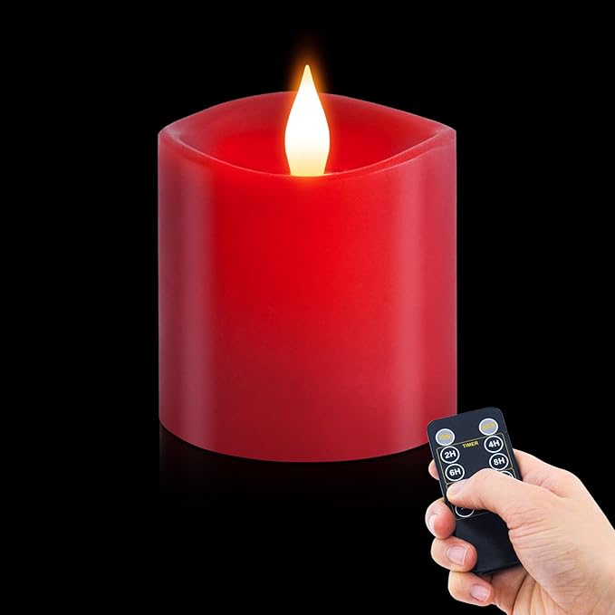 3x3 Flickering Flameless Candles Set of 1, Real Wax Pillar LED Candles Flickering, 3 inch Flameless Candles with Remote,Battery Powered Candles, for Party/Wedding,Red
