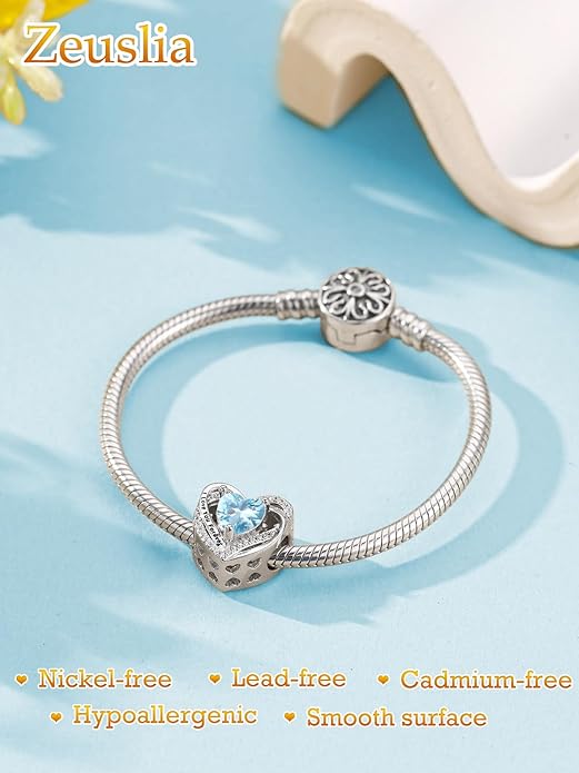 Heart Birthstone Charms for Bracelets, 925 Sterling Silver Women Bead Charms for Charm Bracelets Necklace, Mother's Day Birthday Anniversary Jewelry Gifts for Wife Mom Grandma Daughter