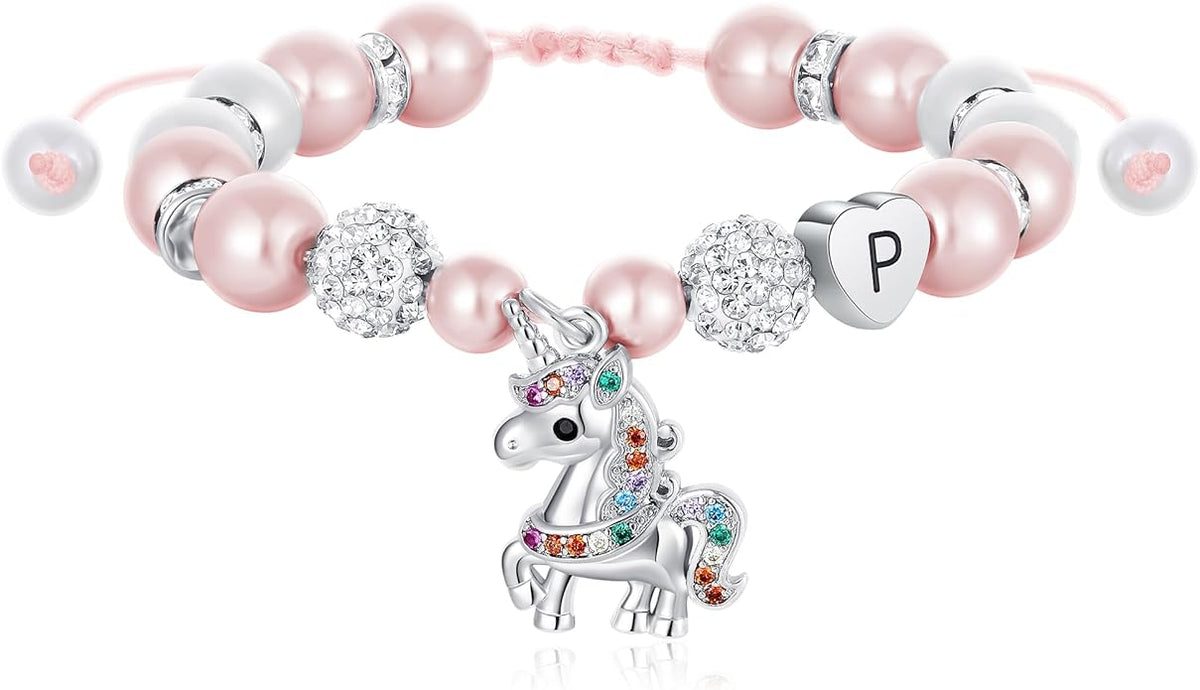 C-leen Unicorn Unicorn Bracelet Gifts for Girls Kids - Pink Pearl and Rhinestone Balls Heart Initial Unicorn Bracelets Adjustable Jewelry CZ Unicorn Bracelet Birthday Gifts for Teens